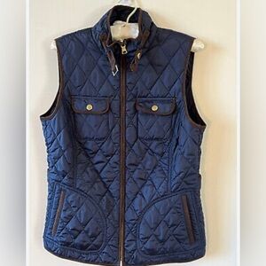 Women's Banana Republic Vest Blue Brown Trim Zip Up Quilted Pockets size medium